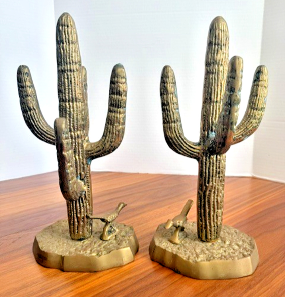 2 Cast Brass Southwest Saguaro Cactus & Roadrunner Vintage 70s Sculpture 13 Inch